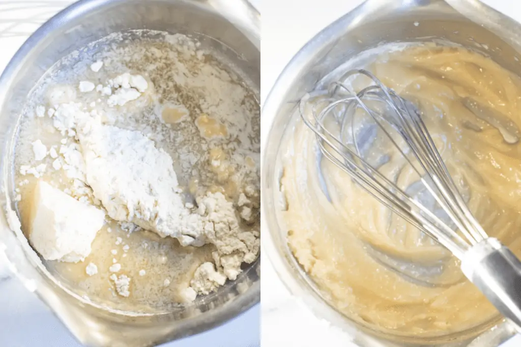 a pan with  butter and flour and a roux with a whisk.