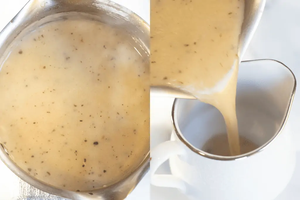 gravy in a pot and gravy being poured into a gravy boat