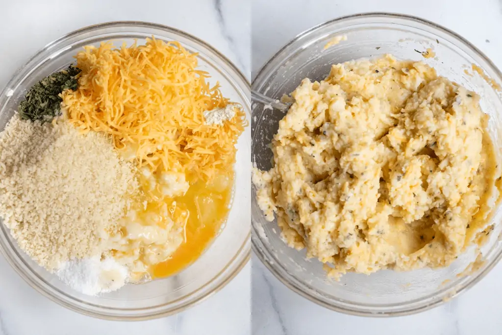 a bowl of mashed potatoes with panko, cheese, eggs, and spices and then mixed.