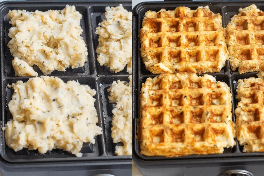 waffle iron with raw potato and then cooked potato waffles.