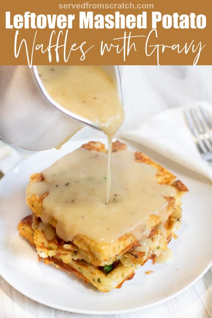 gravy being poured on potato waffles with Pinterest pin text.