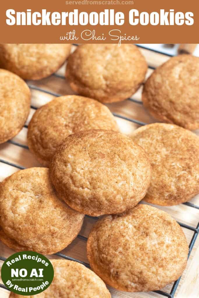 a close up of a cooling rack of snickerdoodles with Pinterest pin text with NO AI sticker.