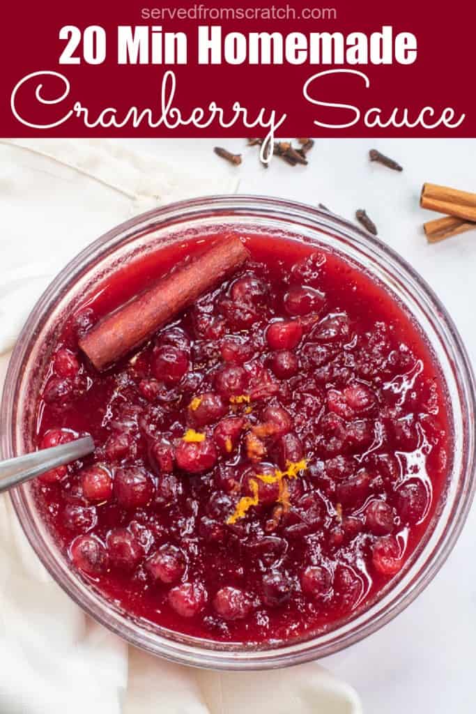 a bowl of homemade cranberry sauce with a spoon with Pinterest pin text.