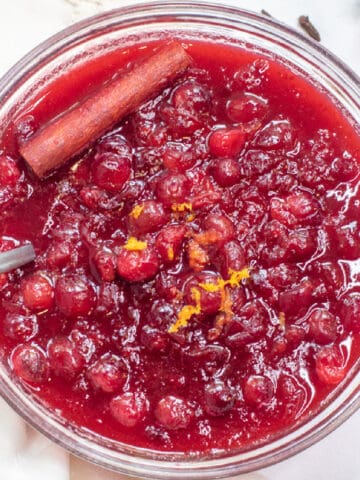 an overhead of a bowl of cranberry sauce.