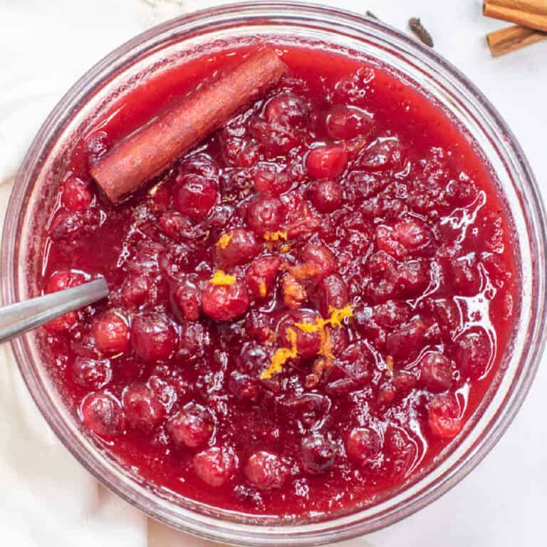 an overhead of a bowl of cranberry sauce.