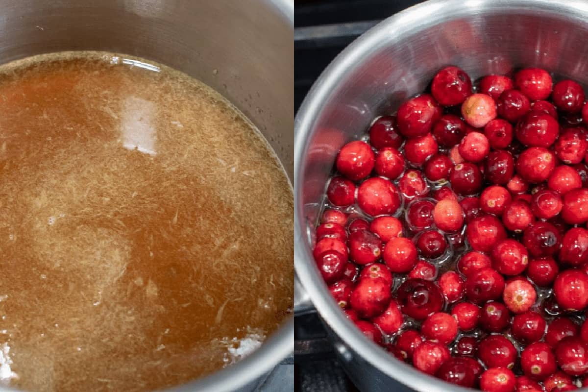 sauce pan with liquid and then with fresh cranberries.