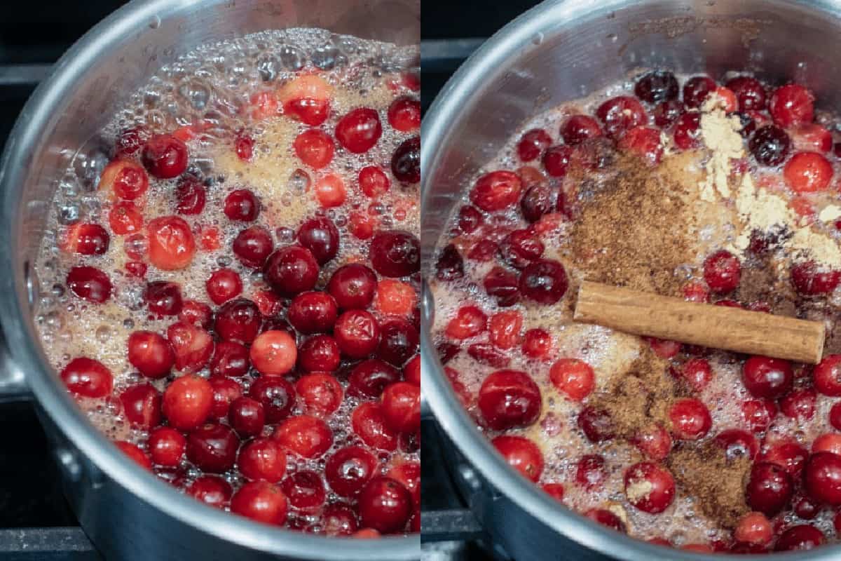 saucepan with boiling liquid and cranberries and then saucepan with spices and cinnamon stick on top.