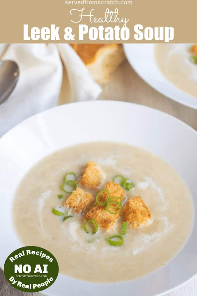 a bowl of creamy soup with croutons and onions and Pinterest pin text with NO AI Sticker.