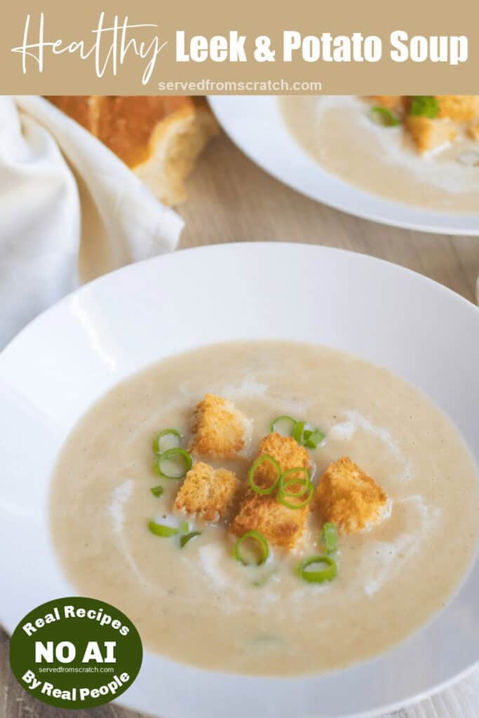 a bowl of creamy soup with croutons and onions and Pinterest pin text with NO AI Sticker.