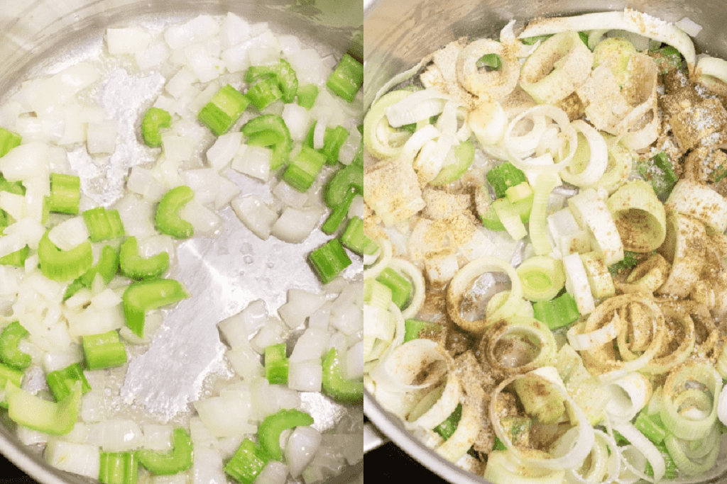 a pot with butter, onion, and celery and then with spices and leeks.