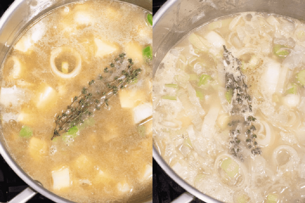 a pot of soup with potatoes and stock and leeks and thyme and then the same pot with it all cooked down.