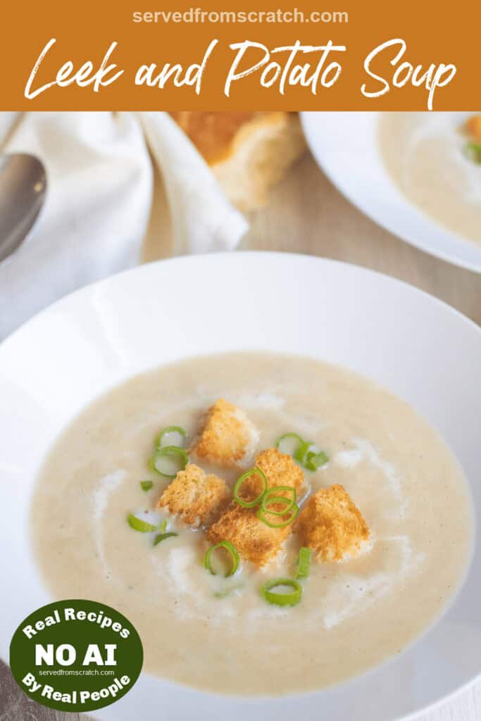 a bowl of creamy soup with croutons and onions and Pinterest pin text with NO AI Sticker.
