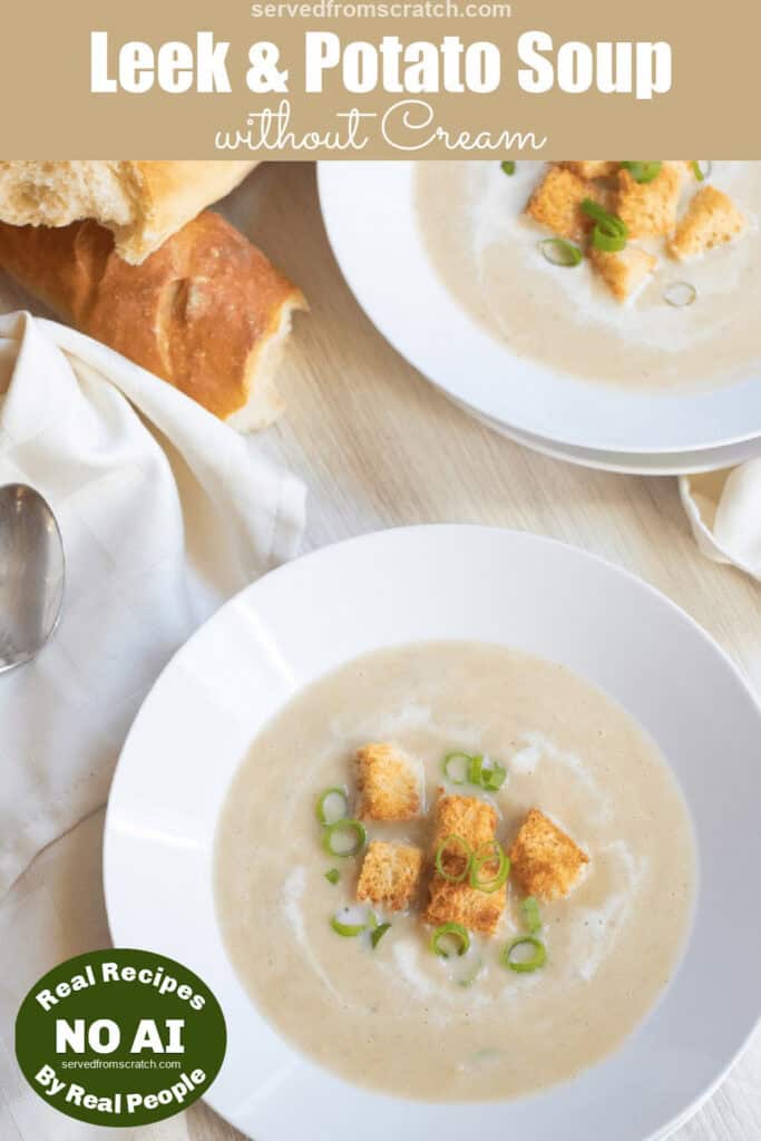 a bowl of creamy soup with croutons and onions and Pinterest pin text with NO AI Sticker.