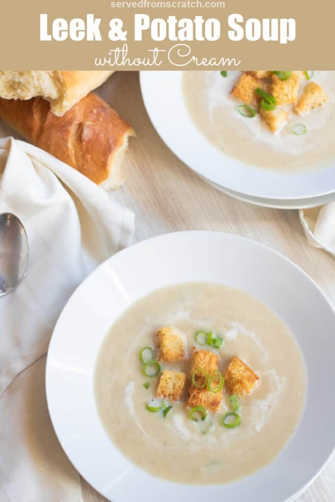 a bowl of leek and potato soup with croutons and green onions with Pinterest pin text.
