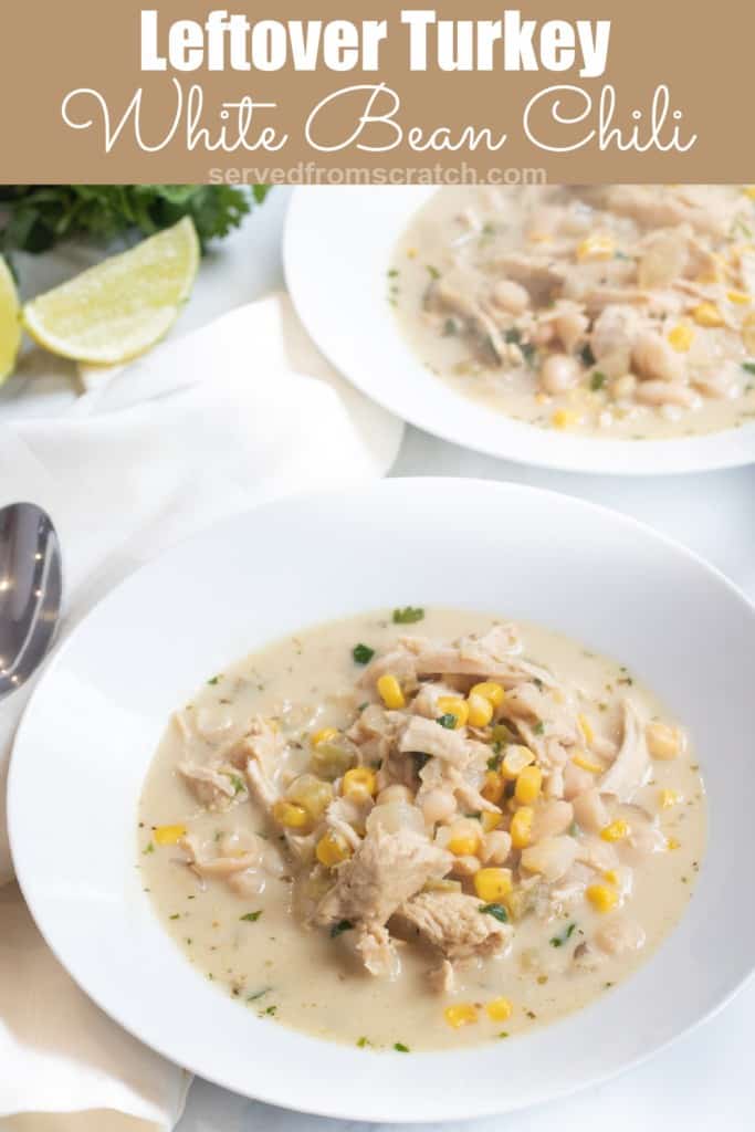 a bowl of white chili with turkey and Pinterest pin text.