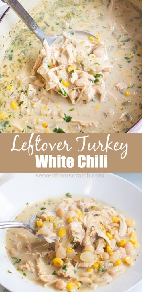 a pot of white chili soup with a ladle then a bowl of it and Pinterest pin text.