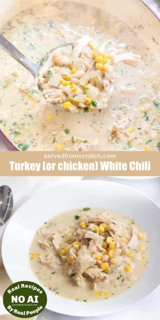 a pot of white chili soup with a ladle then a bowl of it and Pinterest pin text with NO AI sticker.