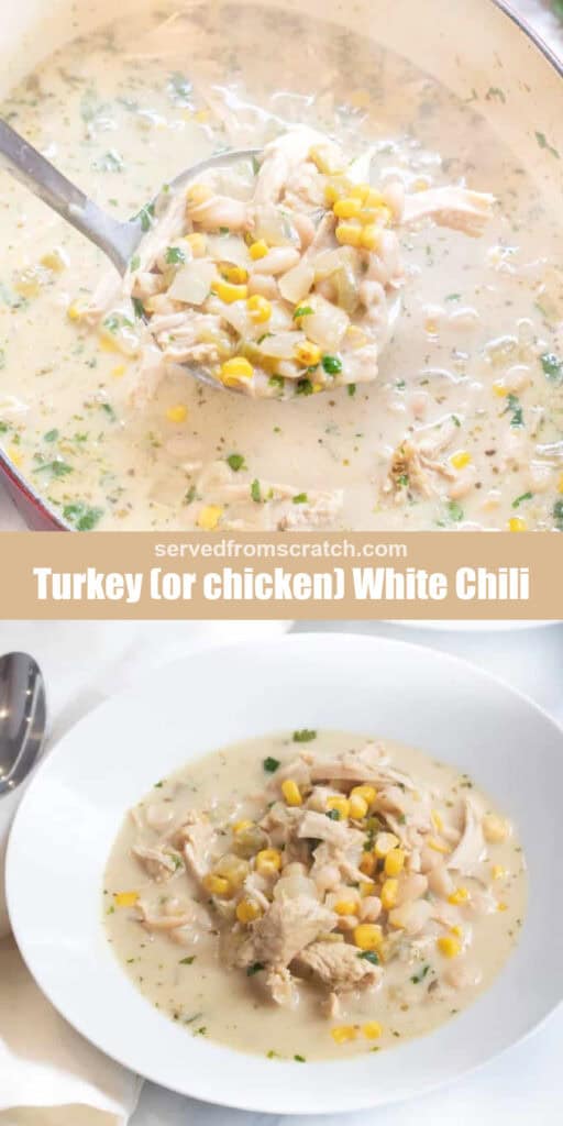 an overhead of a ladle of white bean turkey chili in a dutch oven, Pinterest pin text, and then it in a white bowl.
