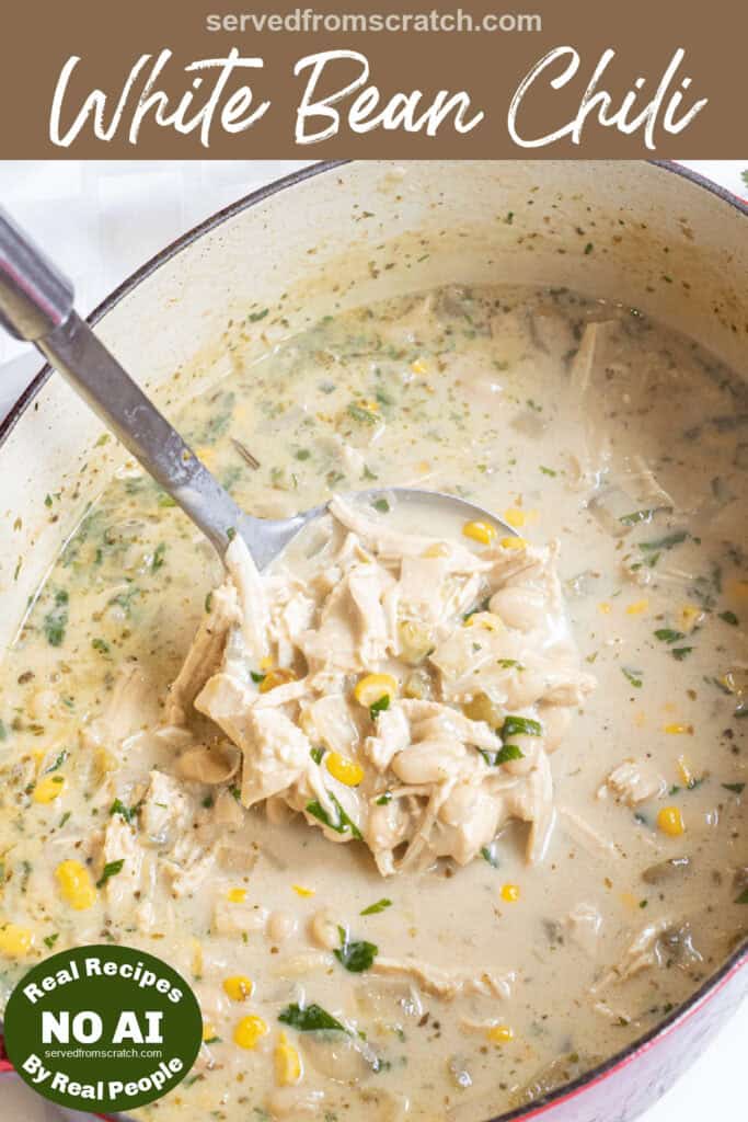a ladle of white bean chili with turkey and Pinterest pin text with NO AI sticker.