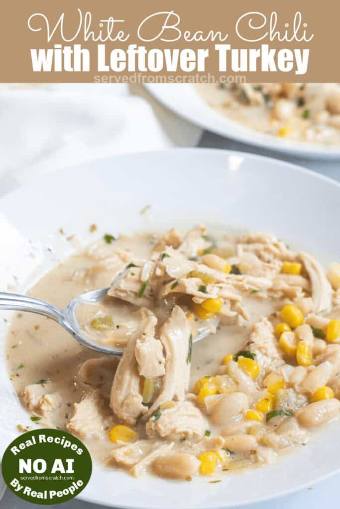 a bowl of white chili with turkey and Pinterest pin text and NO AI sticker.