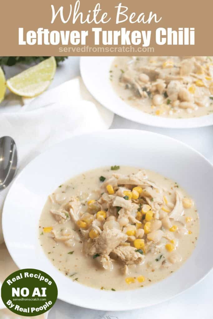 a bowl of white chili with turkey and Pinterest pin text and NO AI sticker.