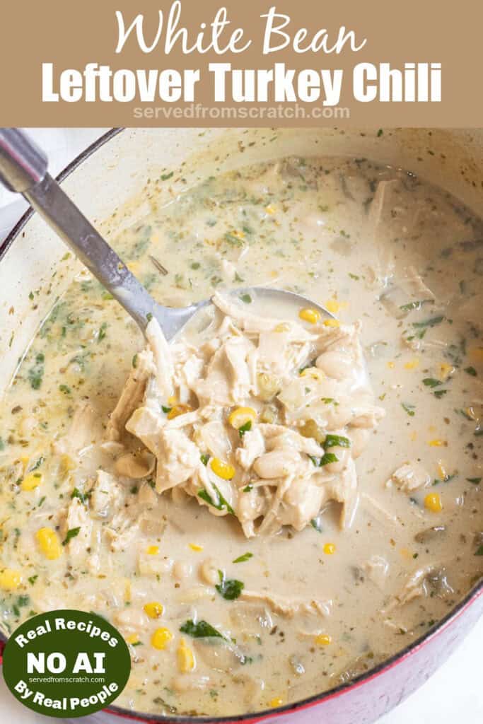 a ladle of white bean chili with turkey and Pinterest pin text with NO AI sticker.