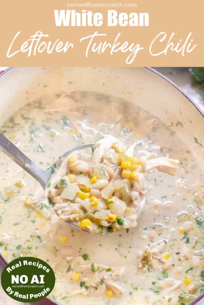 a ladle of white bean chili with turkey and Pinterest pin text with NO AI sticker.