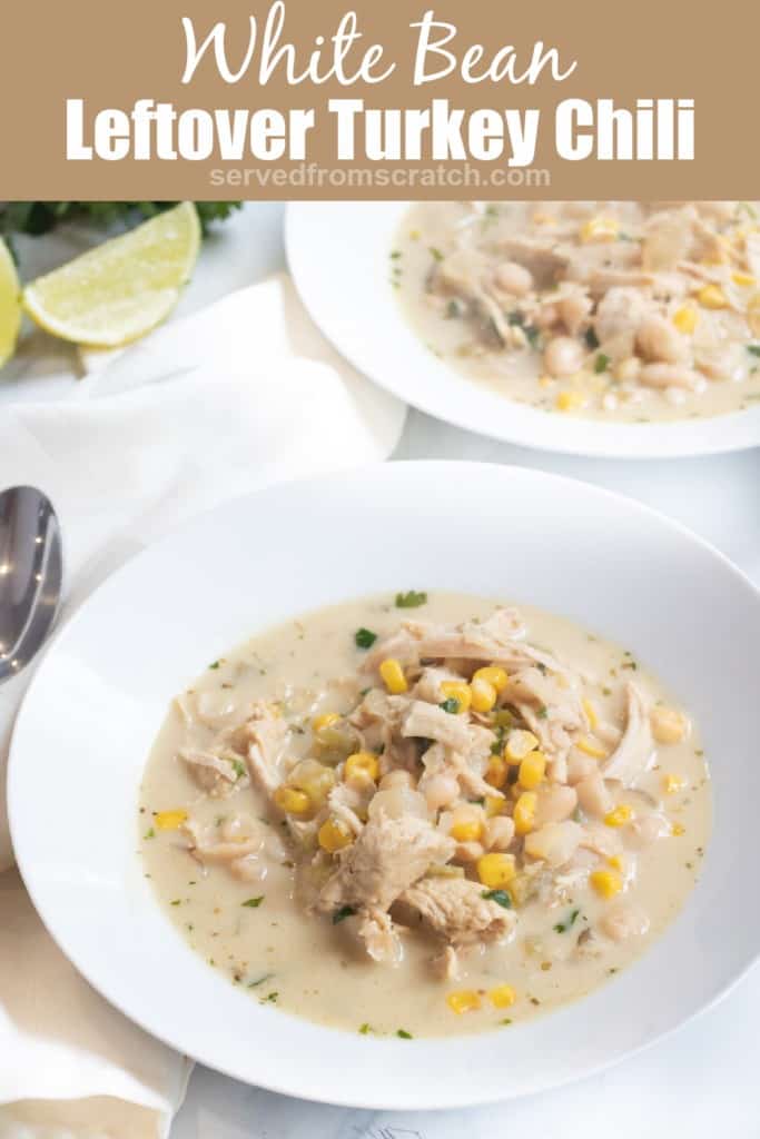 a bowl of white chili with turkey and Pinterest pin text.