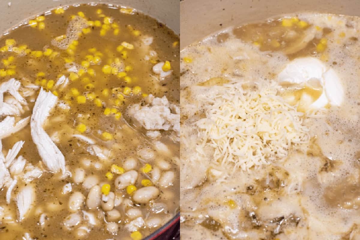 a pot with soup with turkey, corn, and beans, and then with cheeses being added.