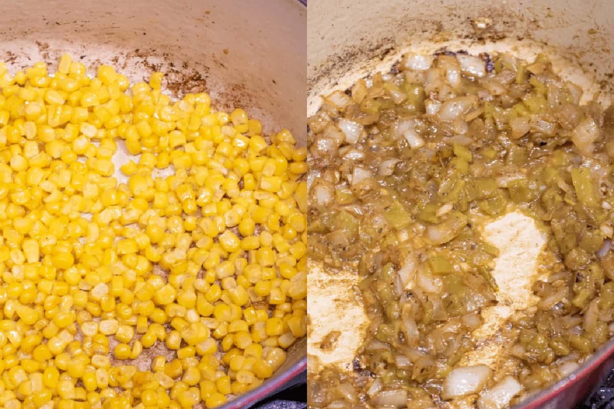 a pot with cooked corn and then onions, garlic, and green chilis.