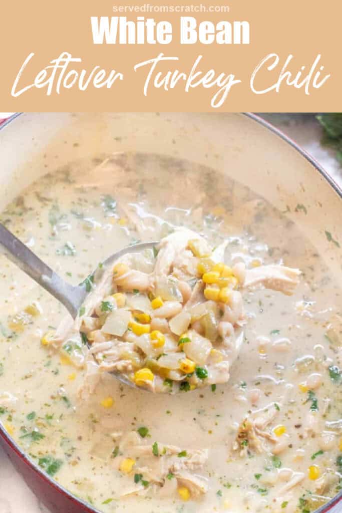 a ladle of white bean chili with turkey and Pinterest pin text.