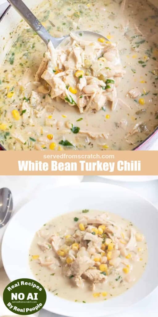 a pot of white chili soup with a ladle then a bowl of it and Pinterest pin text with NO AI sticker.