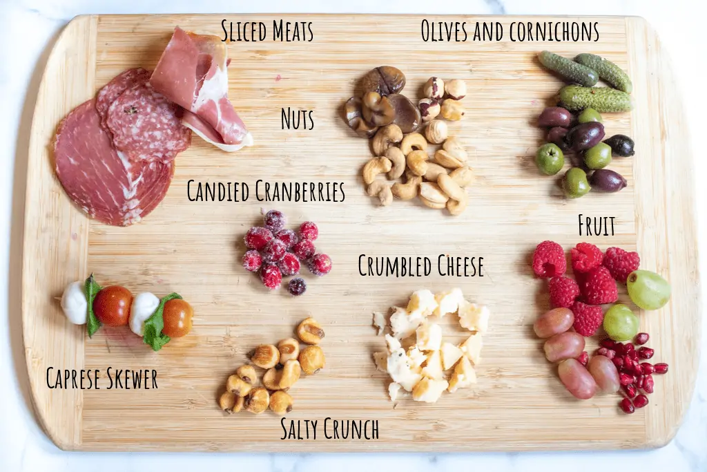 a cutting board with groups of meats, cheese, fruit, olives, nuts, and a caprese stick.