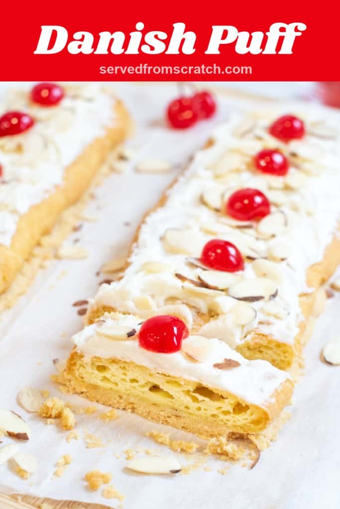 danish puff wiht a slice cut out with Pinterest pin text.