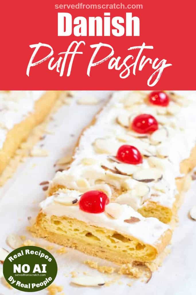 danish puff with a slice cut out with Pinterest pin text with NO AI sticker.
