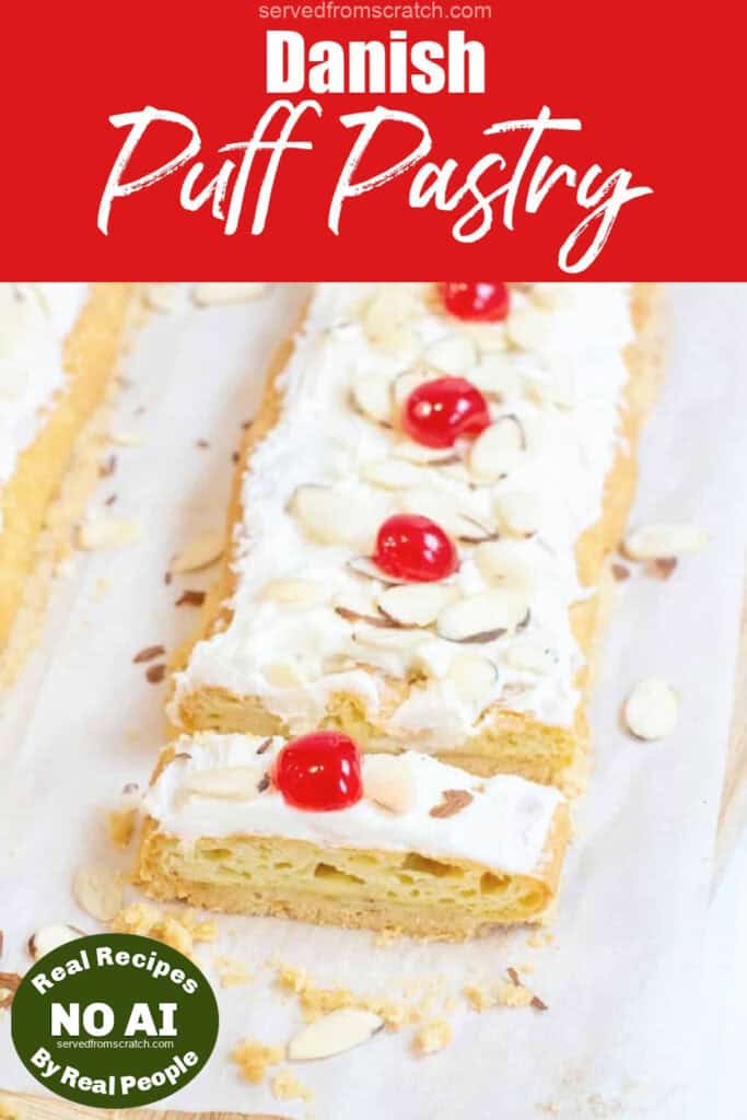 danish puff with a slice cut out with Pinterest pin text with NO AI sticker.
