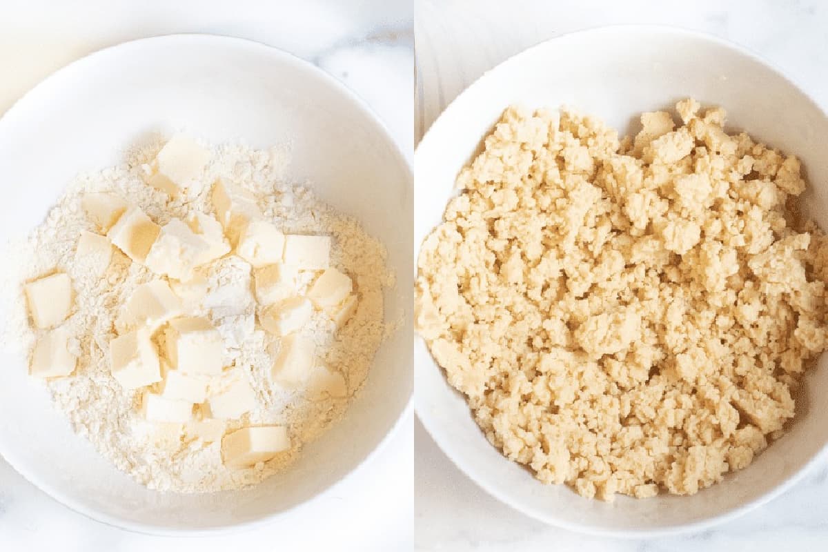 a bowl of flour and cubed butter, and then the butter cut into the flour.