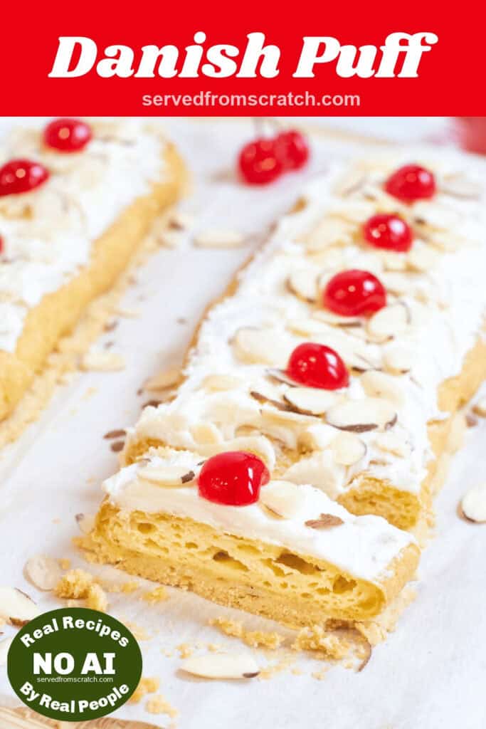 danish puff with a slice cut out with Pinterest pin text with NO AI sticker.
