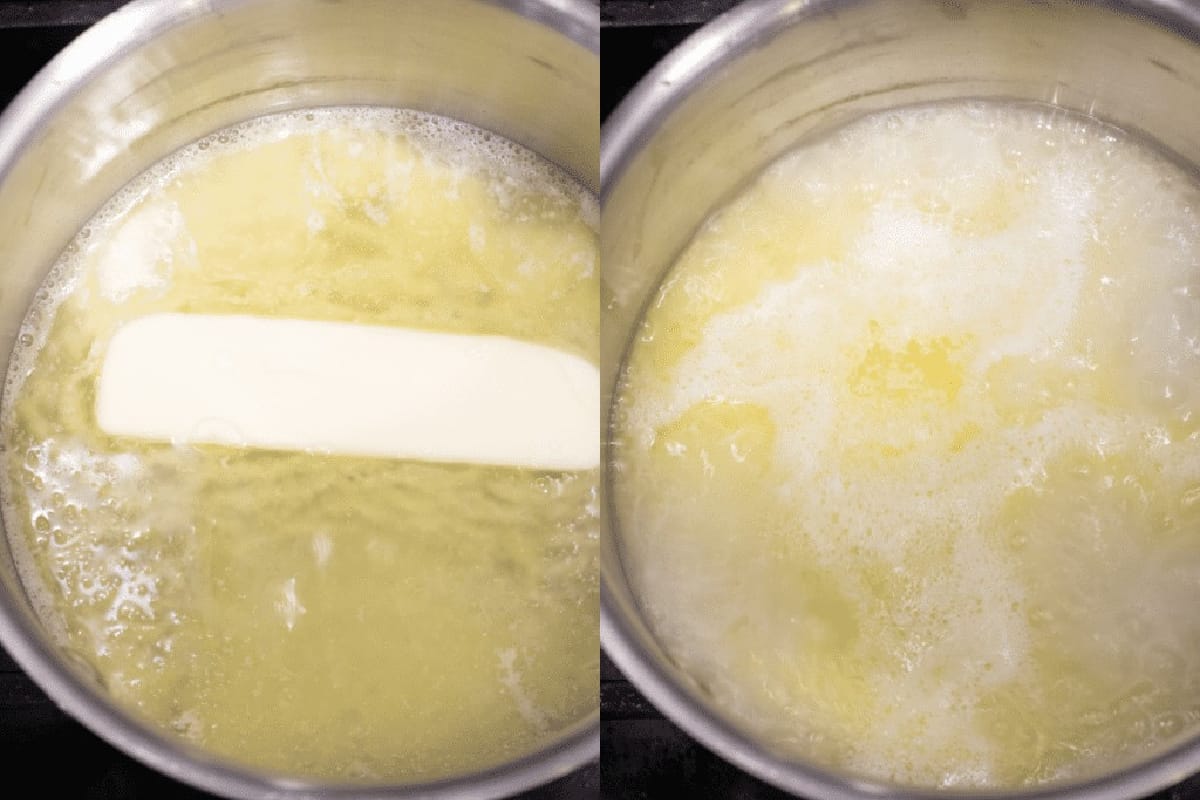 two pots, one with water and butter, and one with butter melted and boiling.