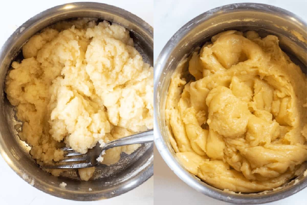 two pots, one with a simple dough, one with a egg filled dough or choux.