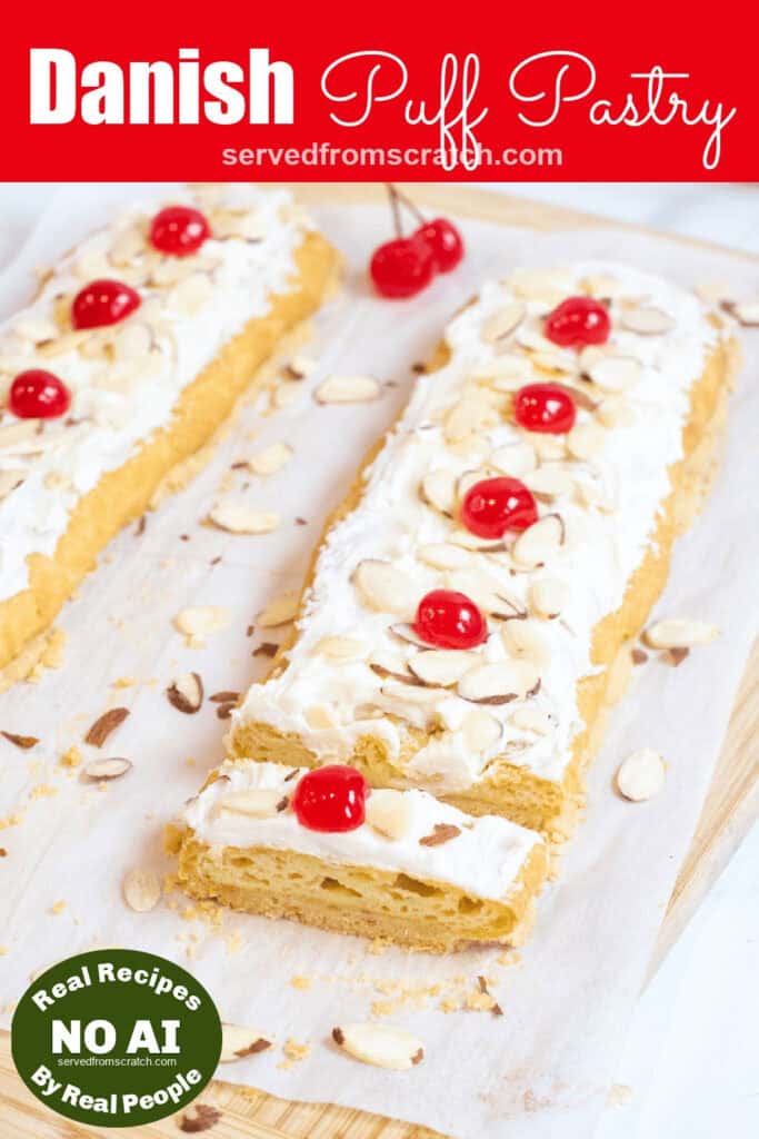 danish puff with a slice cut out with Pinterest pin text with NO AI sticker.