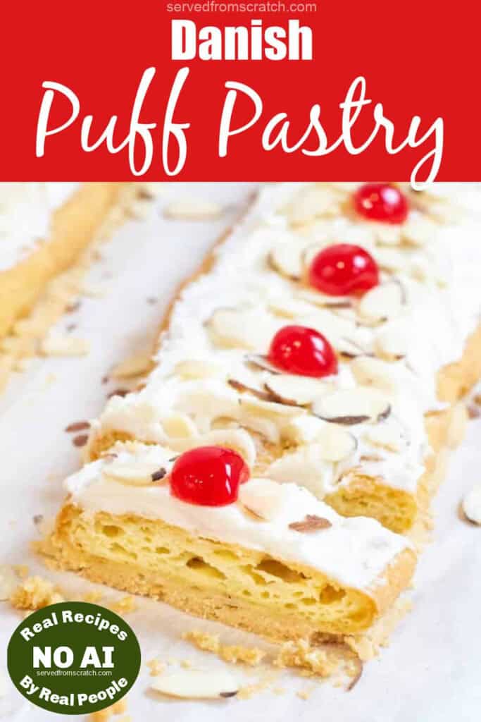 danish puff with a slice cut out with Pinterest pin text with NO AI sticker.