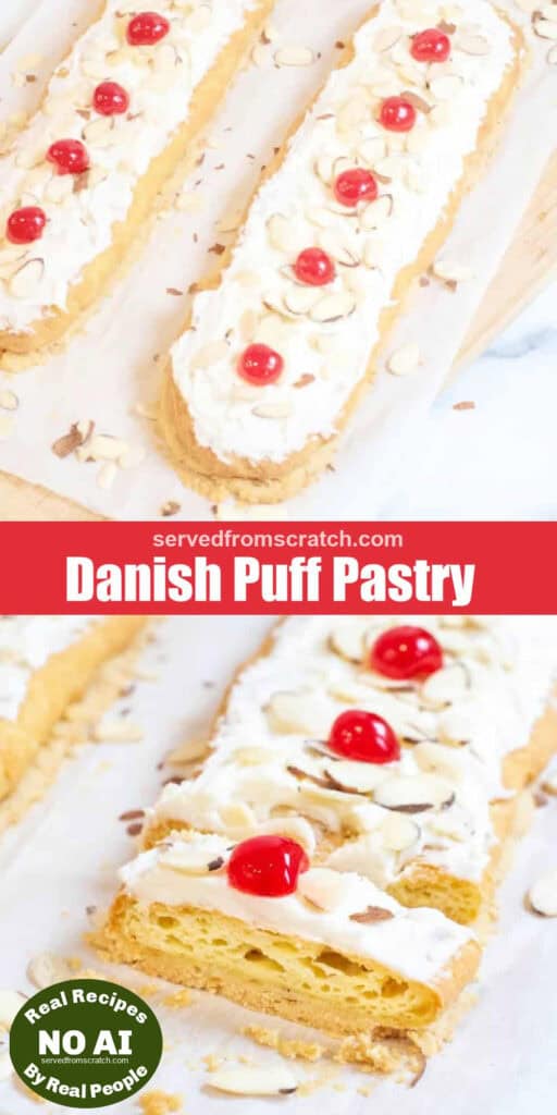 a danish puff pastry with pinterest pin text and it cut and NO AI sticker.