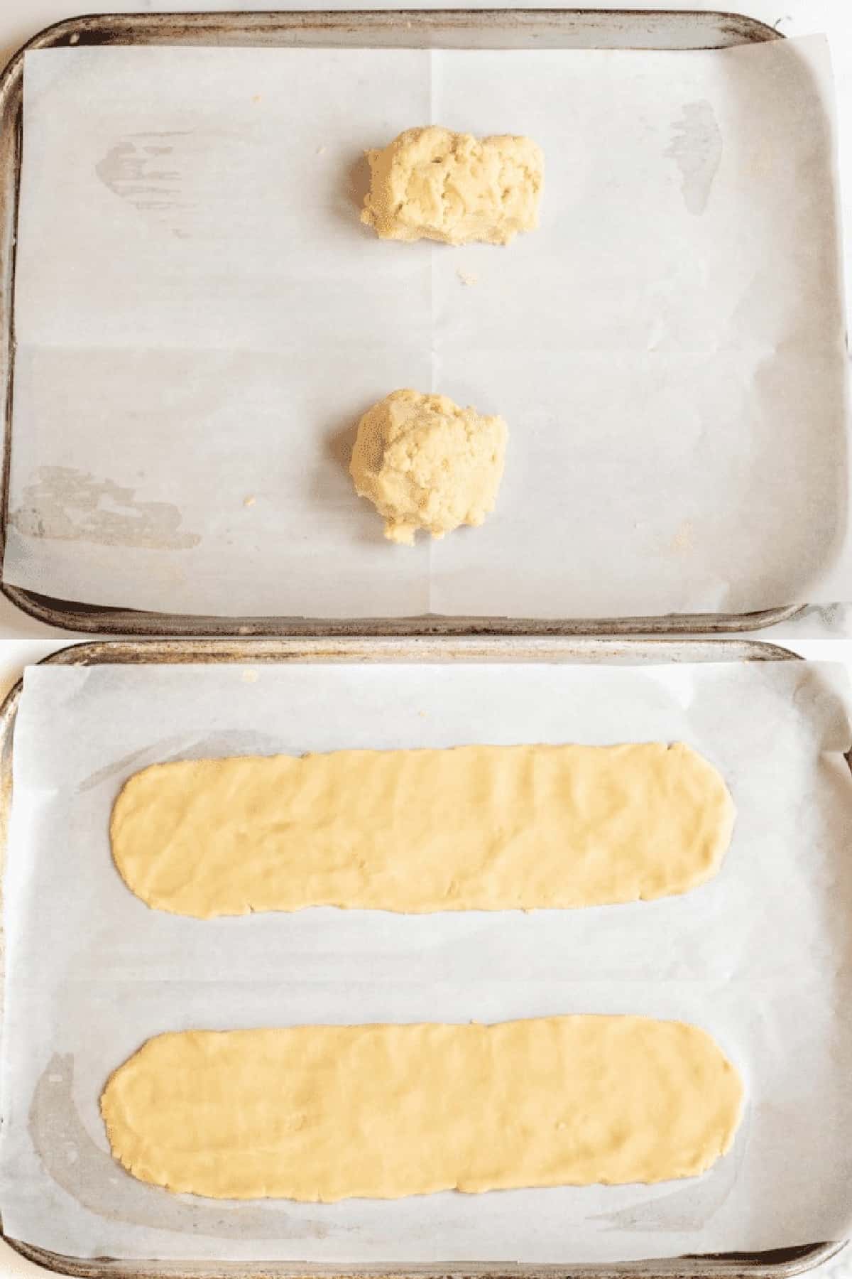 a baking sheet with shortcrust dough balls and then all spread out.