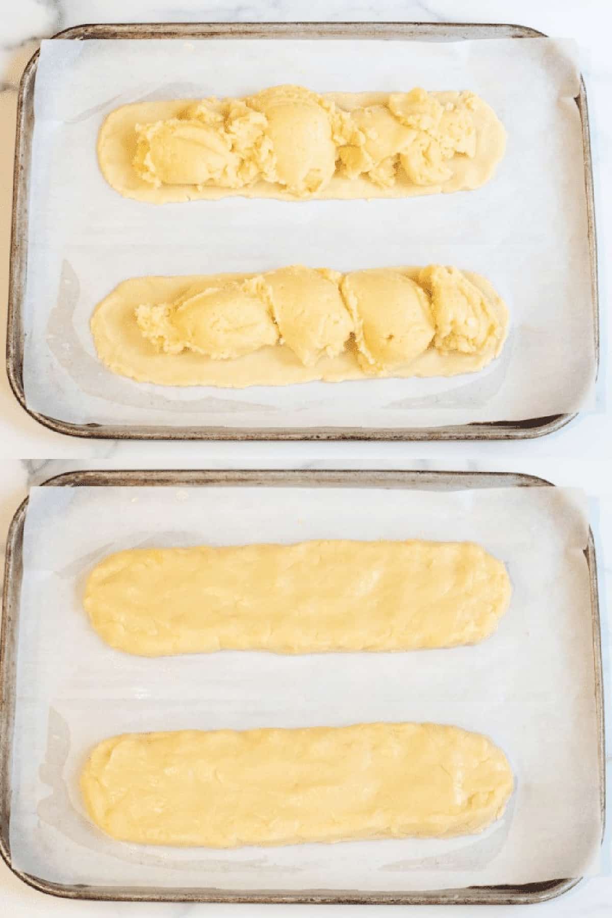baking sheets with two strips, one with clumped choux on a shortcrust, the other with it spread evenly over the top.