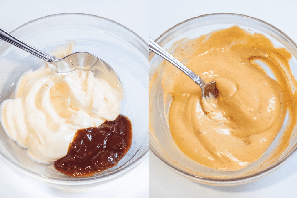 a bowl of mayo and sriracha, and then the bowl of it mixed with a spoon.