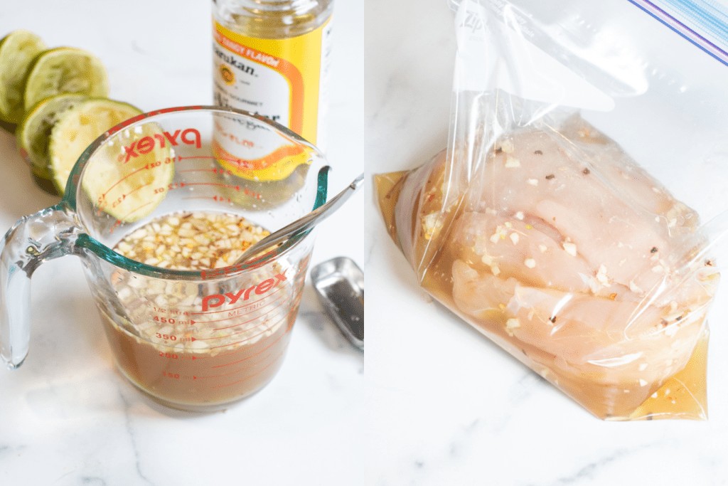 two pics, one of a pyrek of marinade and then a plastic bag of chicken in the marinade.