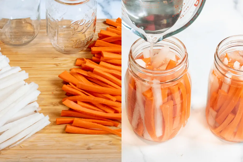 daikon and carrots cut in sticks and then in jars with brine being poured in.
