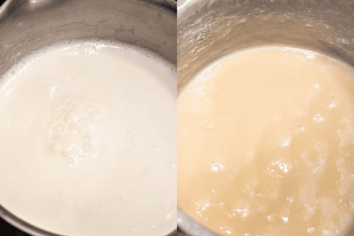 two pots, one with milk cooking and one with it thickened and reduced.
