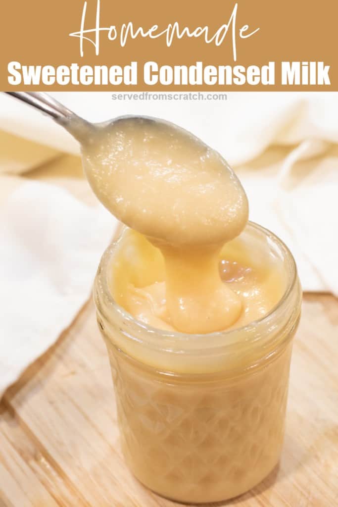 an open mason jar of condensed milk with a spoon with Pinterest pin text.